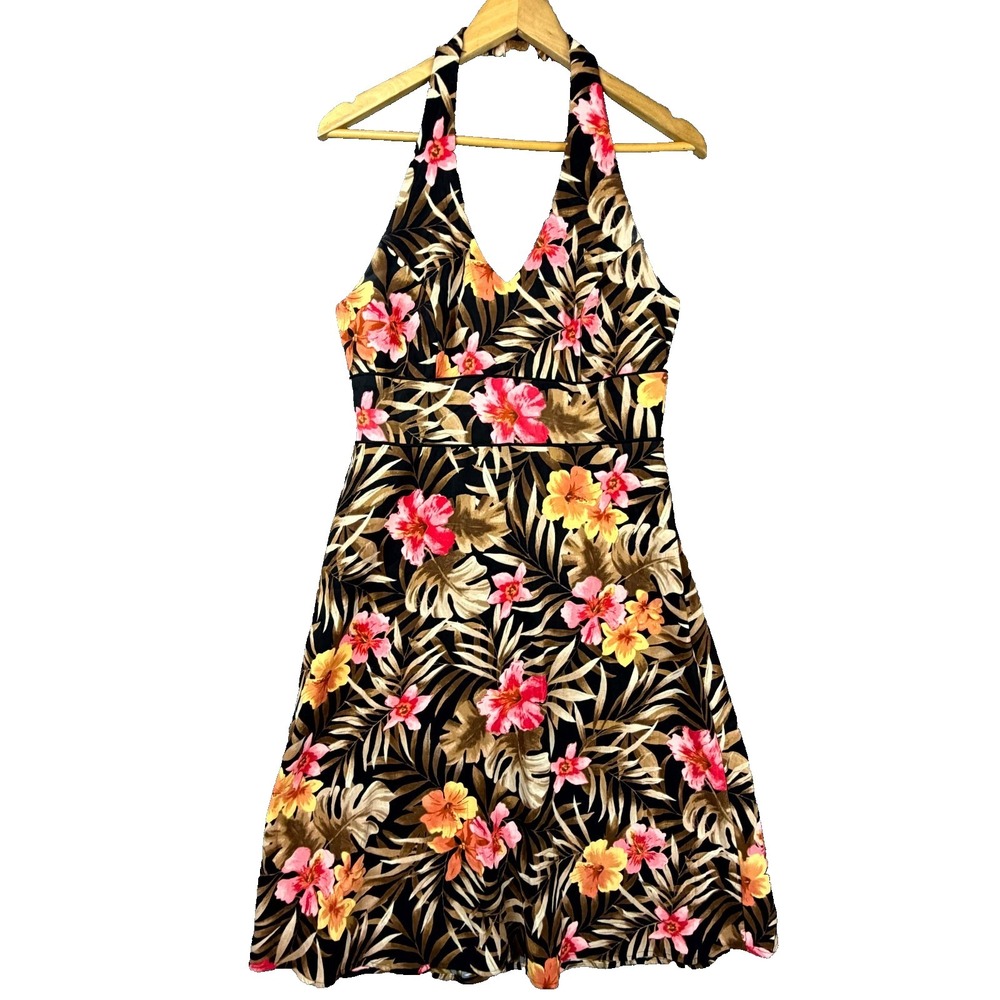 AB Studio Halter Dress Women 8 Dark Tropical Resortwear Hawaiian Summer Vacation